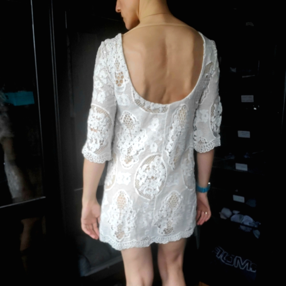 White lace half-sleeve low-back mini dress